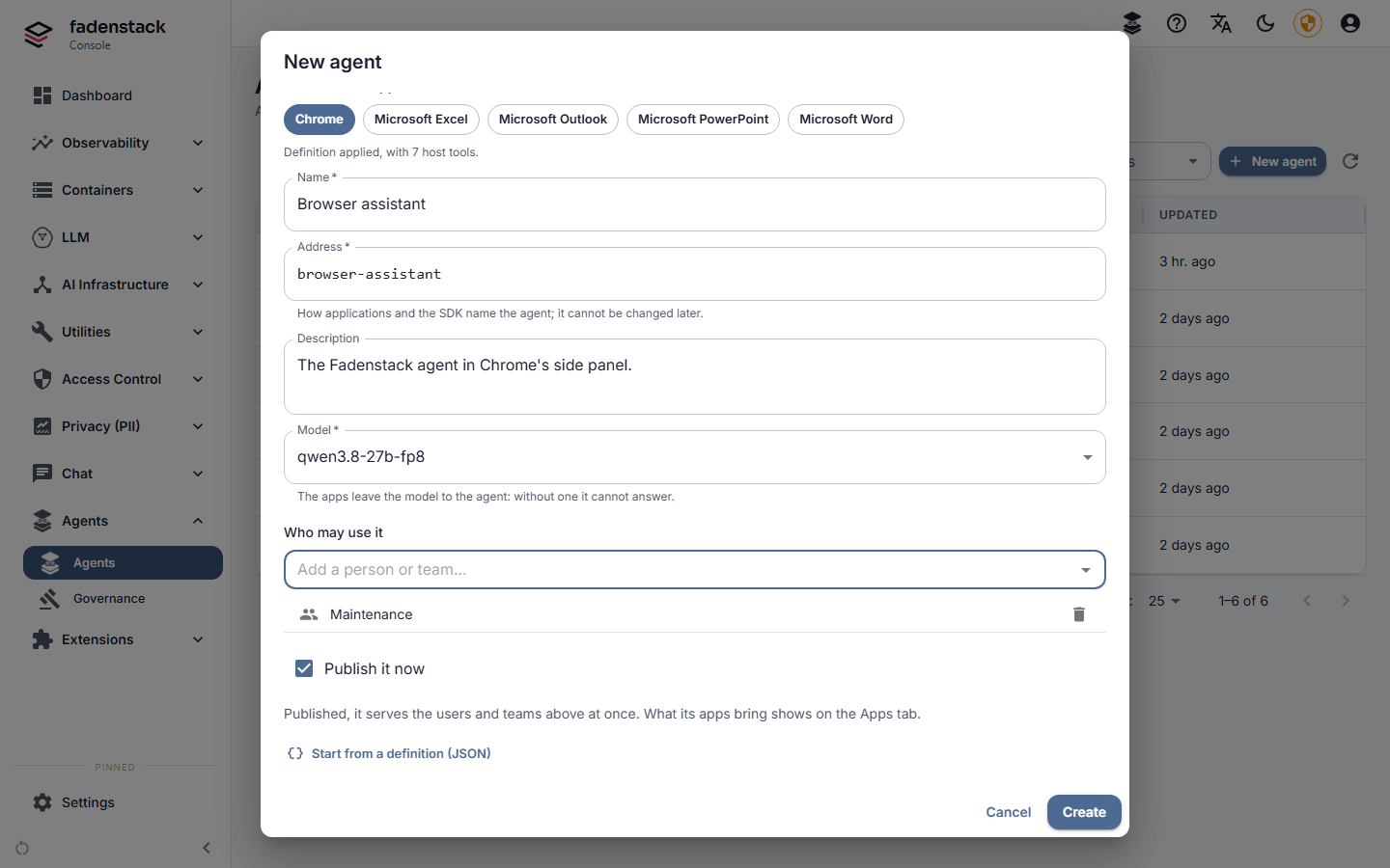Neuer Agent mit Chrome unter Von einer App ausgehen: der Name, die Adresse browser-assistant, ein Modell, die Gruppe Maintenance unter Wer ihn nutzen darf und Sofort veröffentlichen angehakt