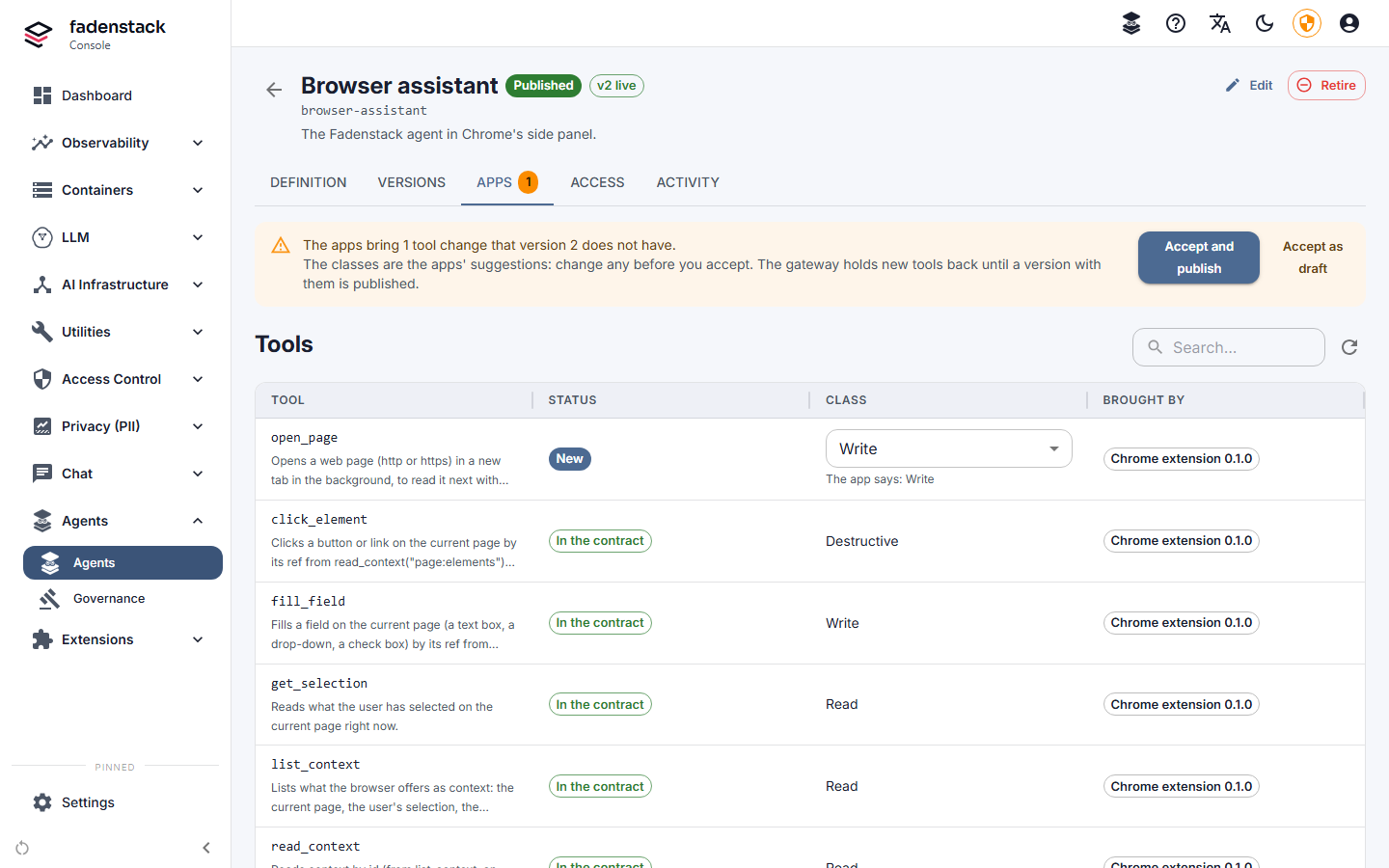 An agent's Apps tab with one tool change: the new tool open_page marked New, its class Write to keep or change, and Accept and publish and Accept as draft at the top