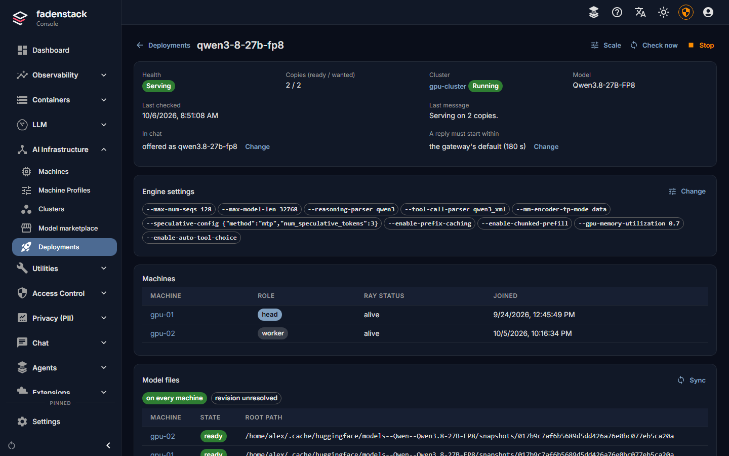 A deployment's page: Health Serving with 2 of 2 copies, Last message, In chat and the reply wait with Change, Engine settings, Machines and Model files, and Scale, Check now and Stop at the top