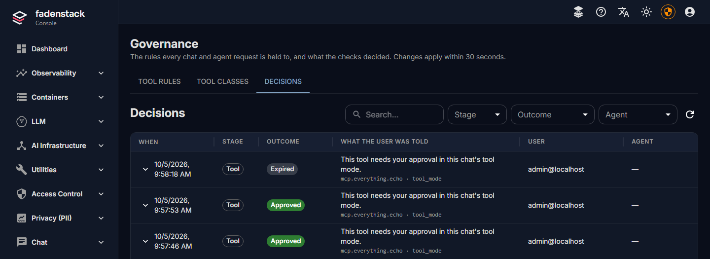 Agents → Governance on the Decisions tab: filters for Stage, Outcome and Agent, and three tool decisions, one Expired and two Approved, each with what the user was told