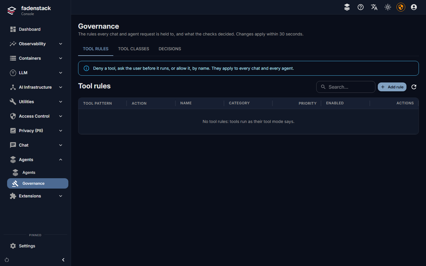 Agents → Governance on the Tool rules tab, beside Tool classes and Decisions: no rules yet, and Add rule