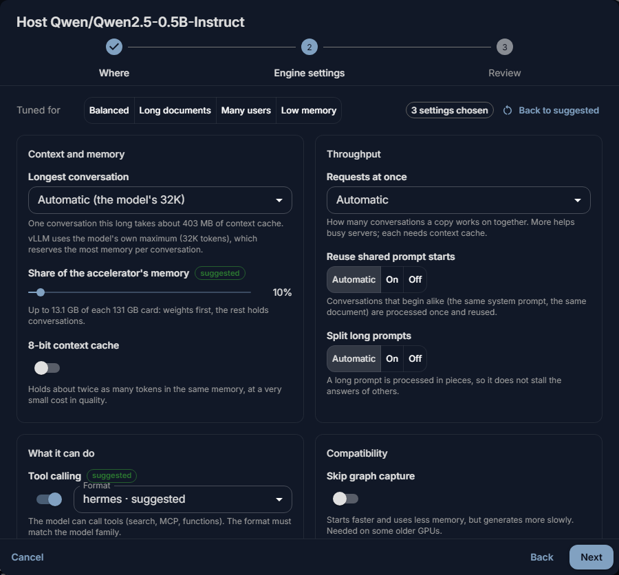 The Engine settings step of the hosting dialog: Tuned for with its four presets, Context and memory, Throughput, What it can do and Compatibility, with suggested values marked