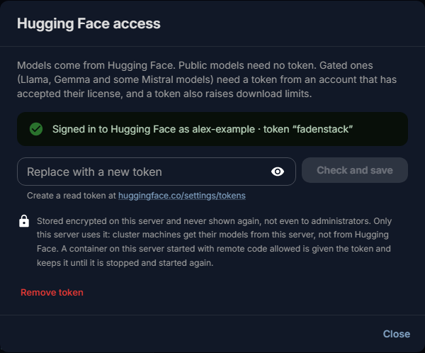 Hugging Face access: signed in as alex-example with a stored token, a field to replace it, Check and save, and Remove token