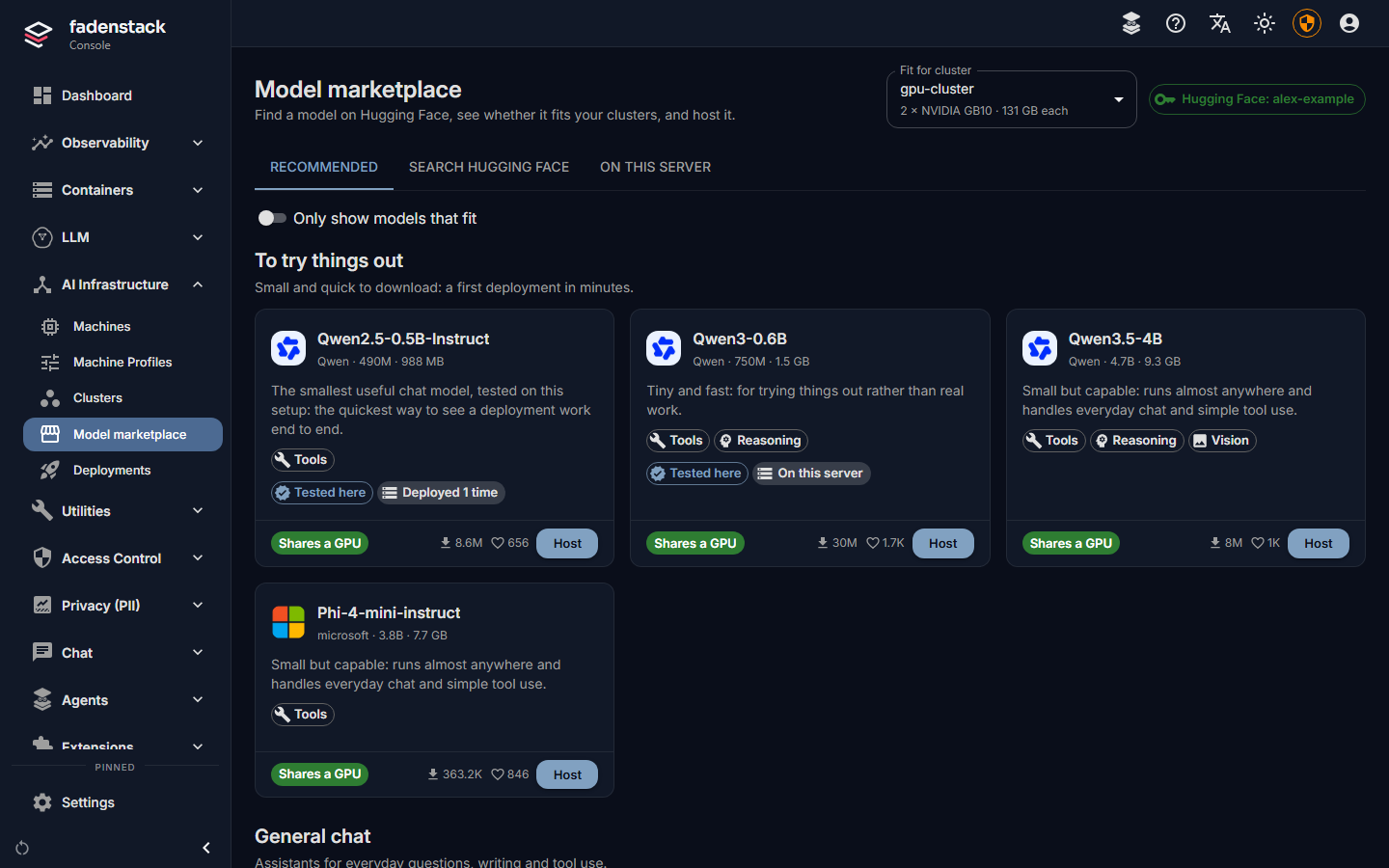 The Model marketplace on Recommended: Fit for cluster with a cluster of two GPUs, the Hugging Face chip, Only show models that fit, and model cards with their badges and Host