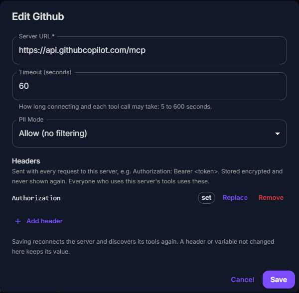 Editing a server: its Server URL, Timeout (seconds) and PII Mode, and the stored Authorization header marked set, with Replace and Remove
