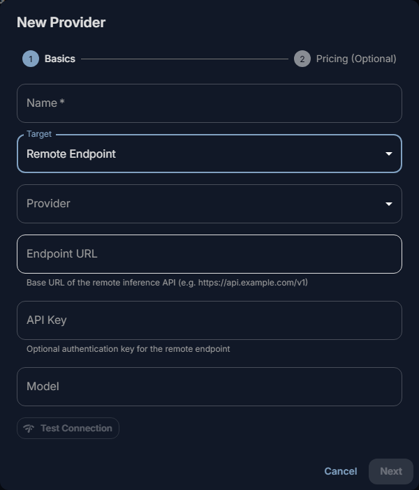 The New Provider dialog with Target set to Remote Endpoint: Provider, Endpoint URL, API Key, Model and Test Connection, and Pricing (Optional) as the next step