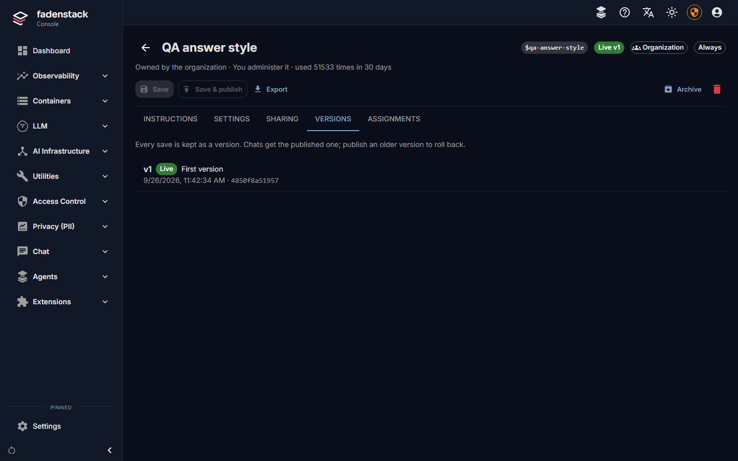A skill's Versions tab: version 1, live, with its date and fingerprint