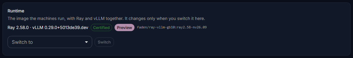 The Runtime card on a cluster's page: the runtime it runs, and Switch to with Switch