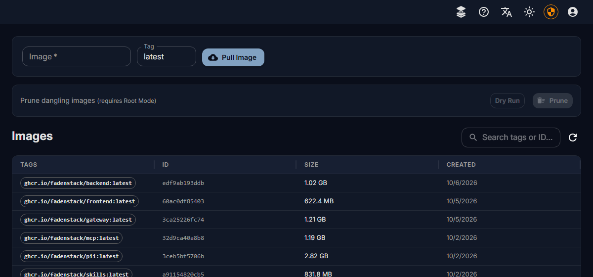 The Images page: Image and Tag with Pull Image, Prune dangling images with Dry Run, and the images on the server