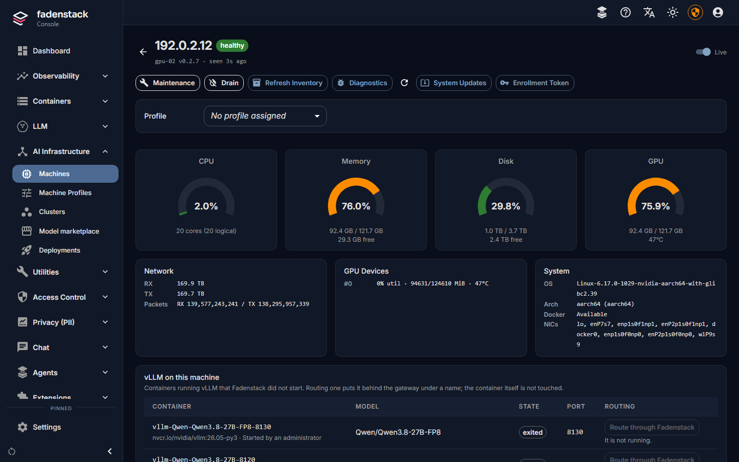 A machine's page: its status and agent version, the Maintenance, Drain and other actions, its hardware, and the vLLM containers found on it