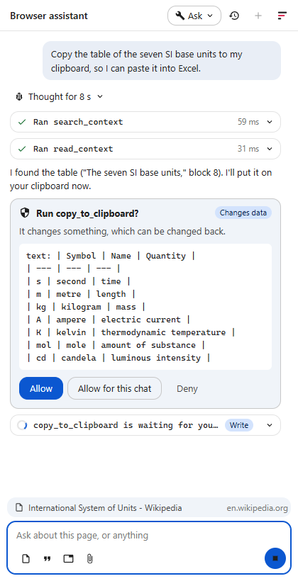 A card asking Run copy_to_clipboard?, showing the table it will copy, with the Allow, Allow for this chat and Deny buttons