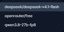 The Model picker opened, listing three models to choose from
