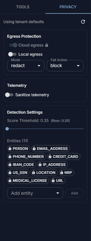 The Privacy tab saying Using tenant defaults, with Cloud egress, Local egress, Mode and Fail Action, and the kinds of personal data looked for, each with a lock, above Add entity