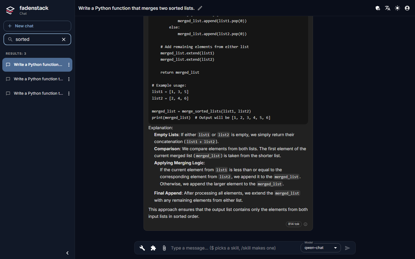 Search chats with a word typed: the sidebar lists the three chats whose title matches, and the open chat's title has the pencil beside it