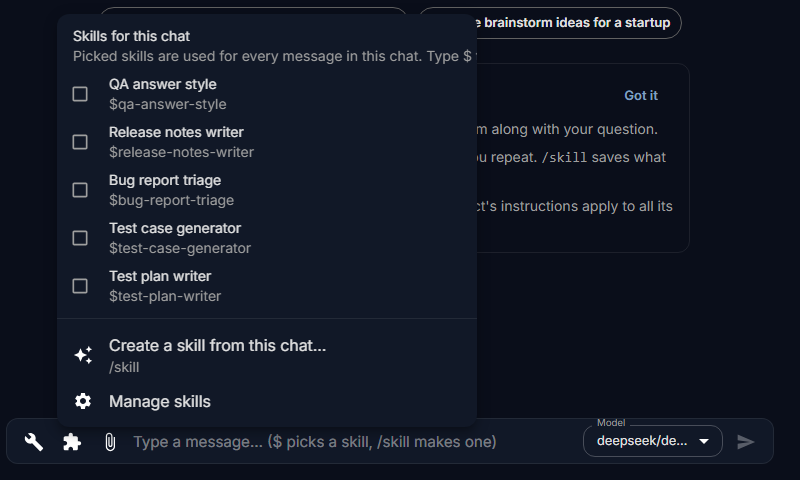 Skills for this chat, opened from the puzzle piece: skills to tick, then Create a skill from this chat… and Manage skills