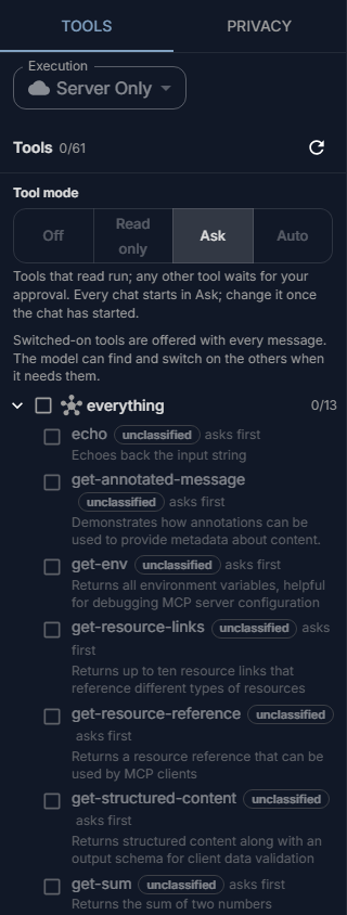 The tools panel: the Tools and Privacy tabs, Execution set to Server Only, and the Tool mode buttons Off, Read only, Ask and Auto, with Ask chosen