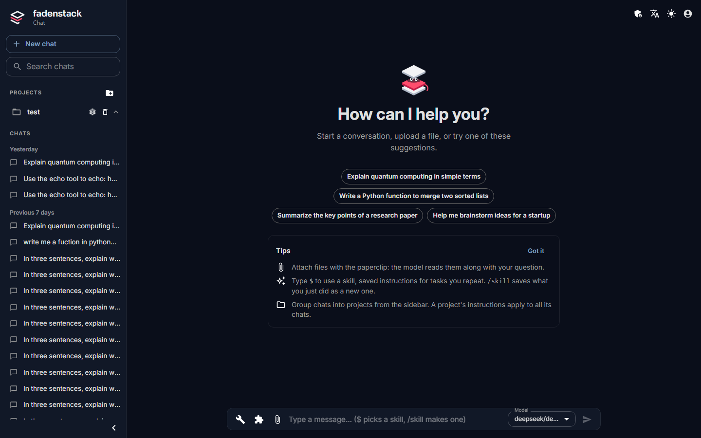 A new chat: the sidebar with New chat, the search, projects and chats on the left, the buttons for language, theme and your avatar at the top right, and the message box at the bottom