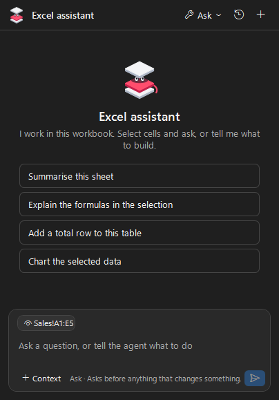 The agent's pane in Excel: suggested requests, the selected cells offered as a chip in the message box, and the Context button below it
