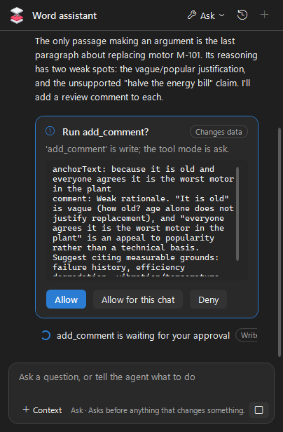 A Run add_comment? card in Word showing the comment the agent wants to add, with Allow, Allow for this chat and Deny